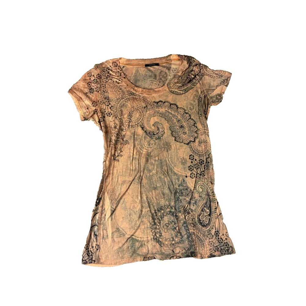 VTG Y2K Limonata Peach Orange Paisley Floral Print Top Slim Fit M Fairy Grunge